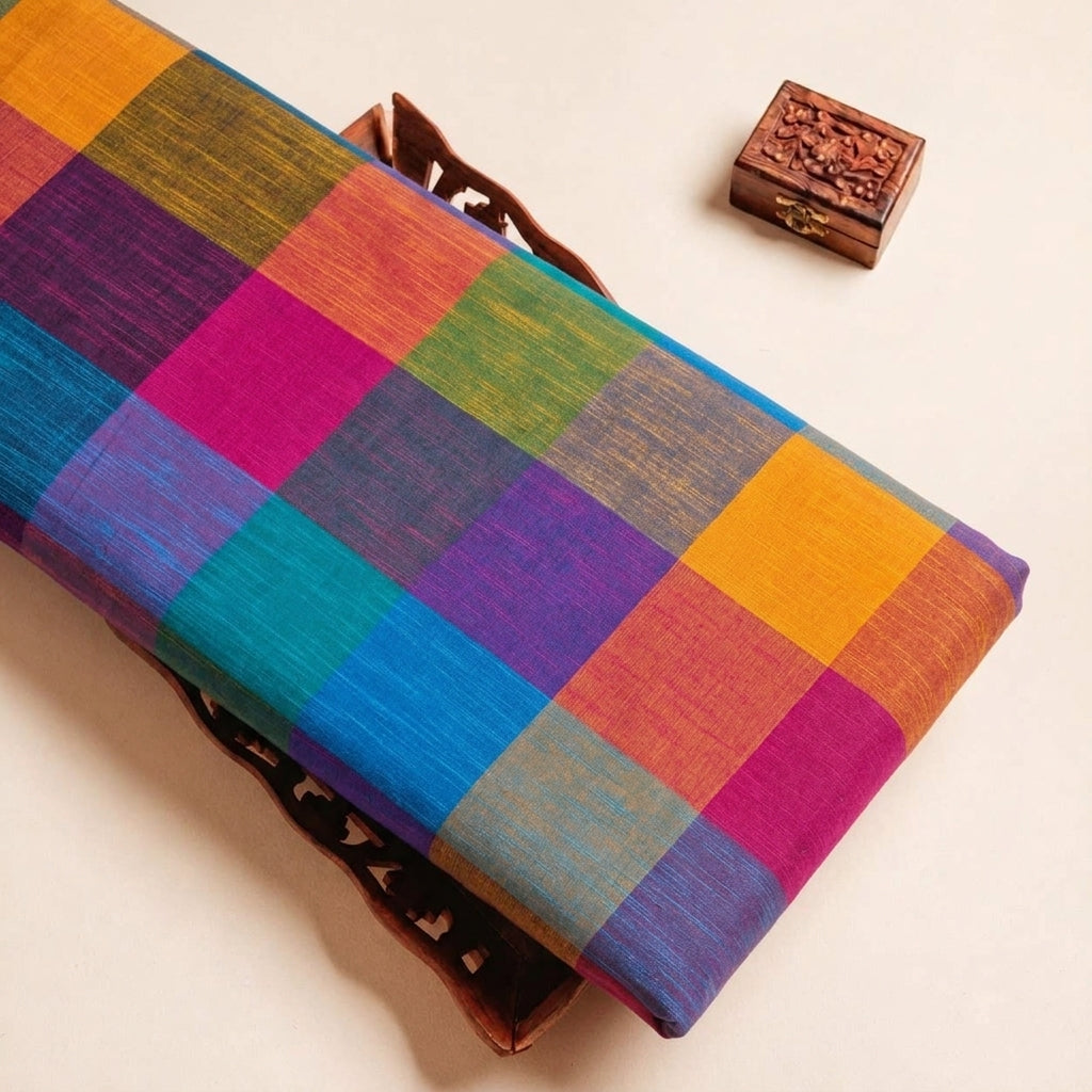 Folded Multicolor Madras Checks Cotton Fabric Highlighting Checked and Texture