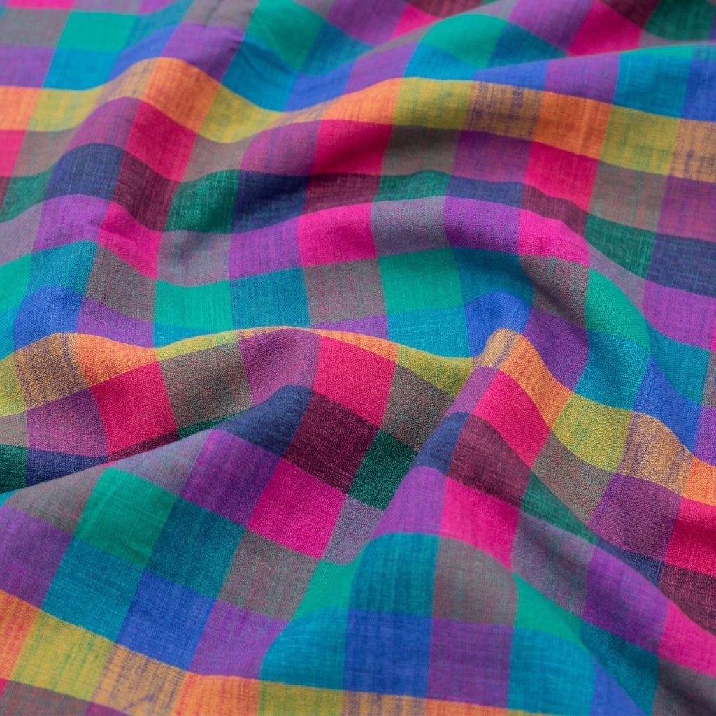 Swirled Checked Multicolor Checked Cotton Fabric