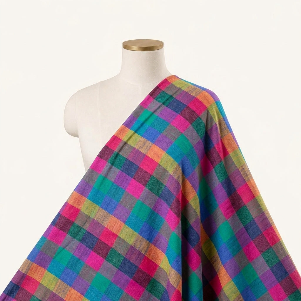 Checked Multicolor Checked Cotton Fabric Draped as a saree