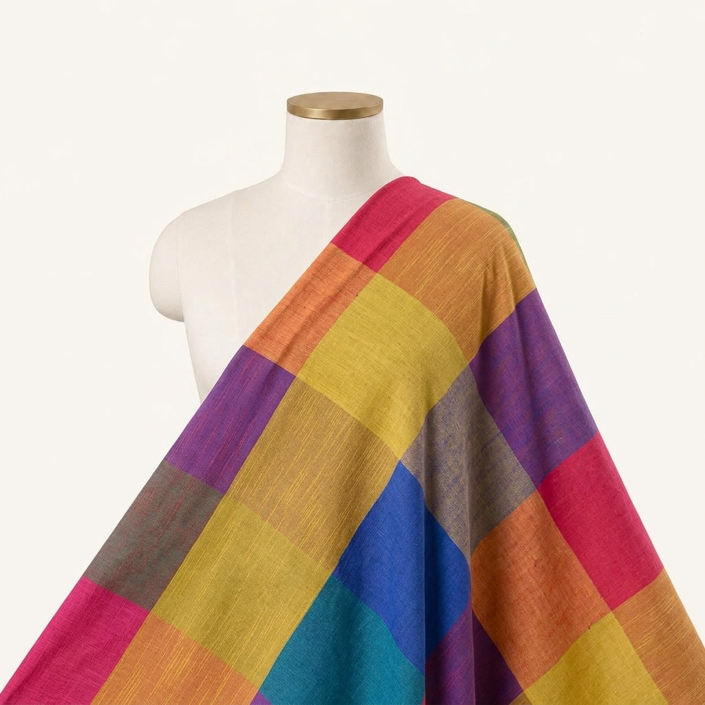 Madras Checks Multicolor Madras Checks Cotton Fabric Draped as a saree