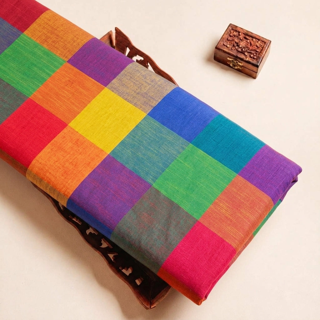 Folded Multicolor Madras Checks Cotton Fabric Highlighting Checked and Texture