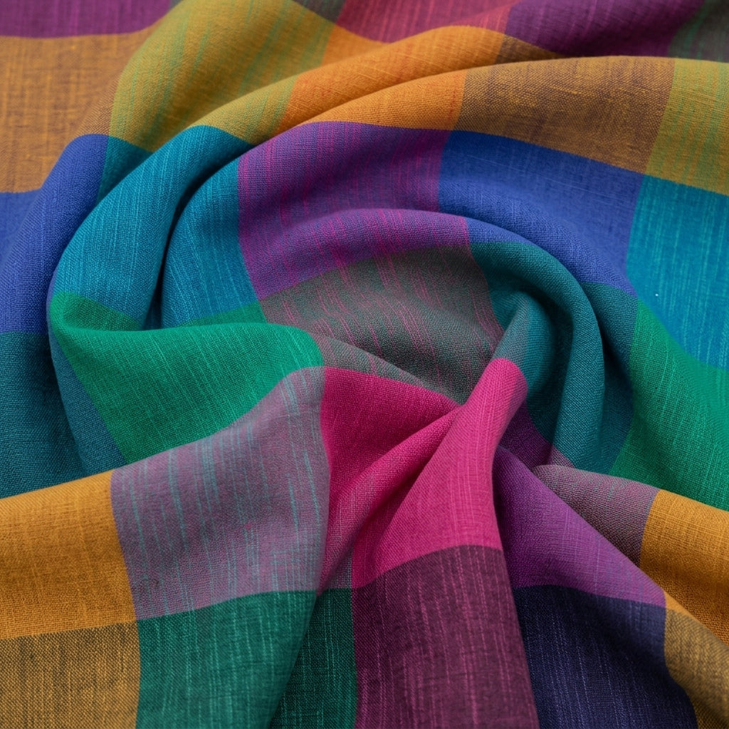 Swirled Madras Checks Multicolor Madras Checks Cotton Fabric