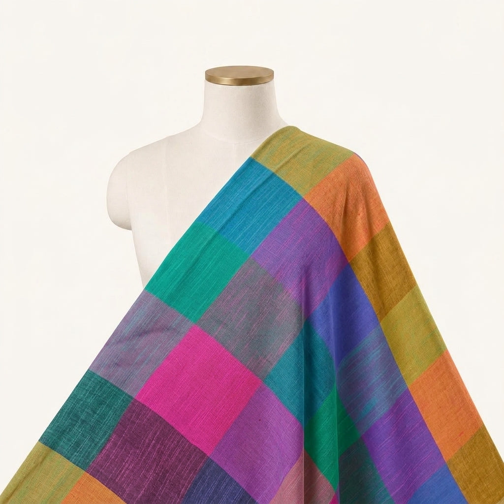 Madras Checks Multicolor Madras Checks Cotton Fabric Draped as a saree