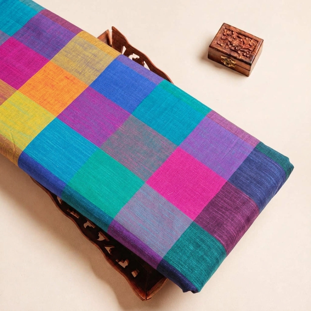 Folded Multicolor Madras Checks Cotton Fabric Highlighting Checked and Texture