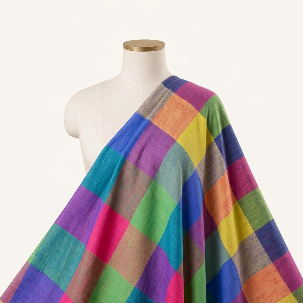 Checked Multicolor Checked Cotton Fabric Draped as a saree