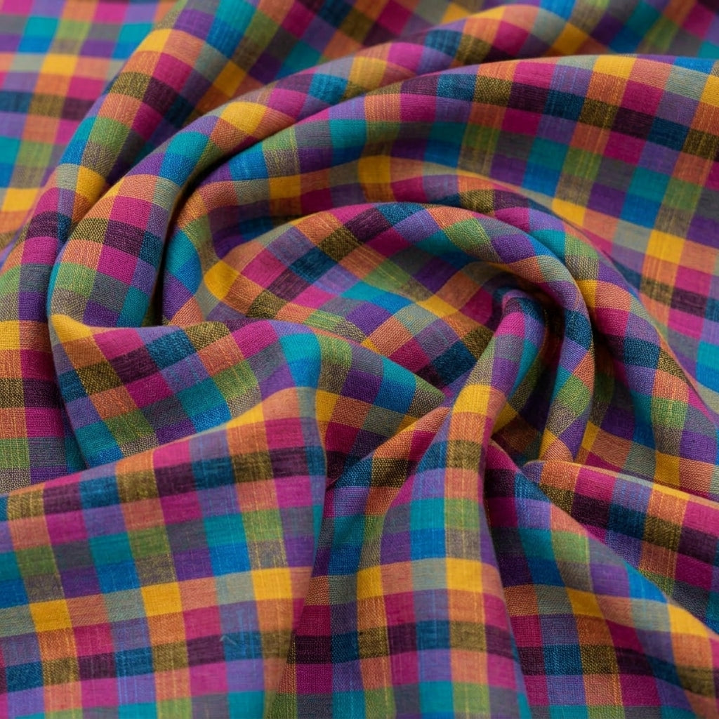 Swirled Checked Multicolor Checked Cotton Fabric