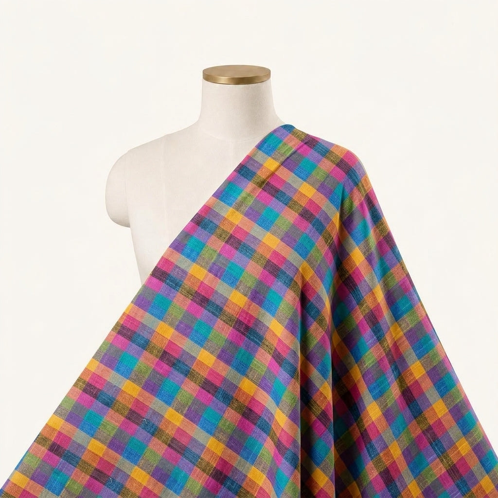 Checked Multicolor Checked Cotton Fabric Draped as a saree
