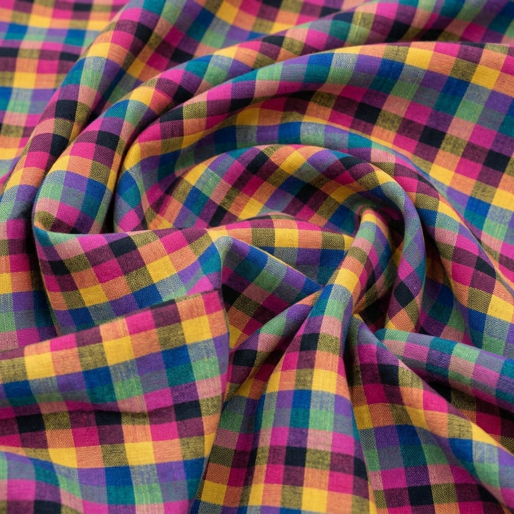 Swirled Checked Multicolor Checked Cotton Fabric