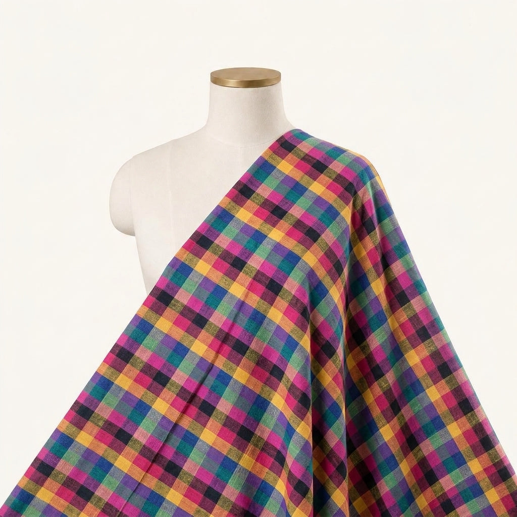 Checked Multicolor Checked Cotton Fabric Draped as a saree