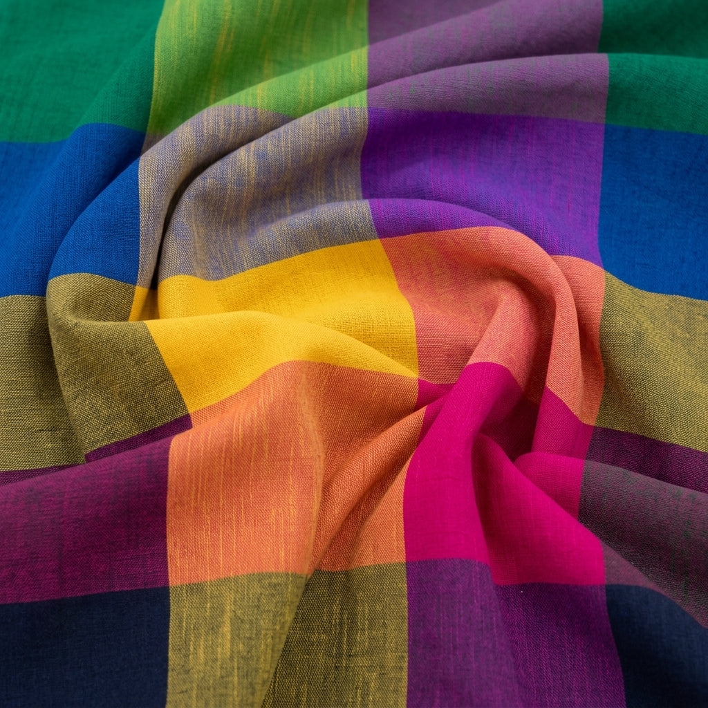 Swirled Madras Checks Multicolor Madras Checks Cotton Fabric