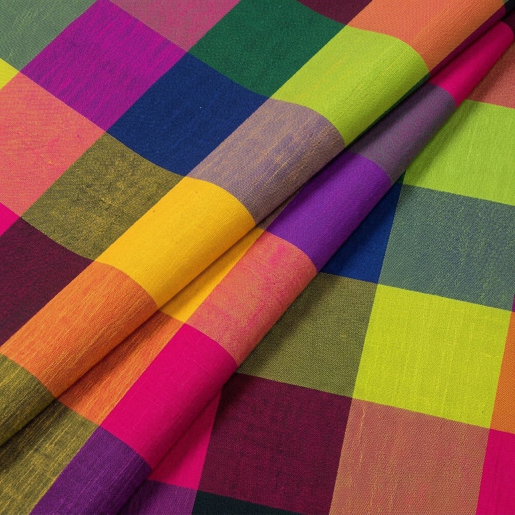 Folded Madras Checks Multicolor Madras Checks Cotton Fabric