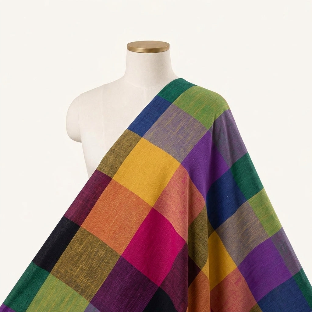 Madras Checks Multicolor Madras Checks Cotton Fabric Draped as a saree