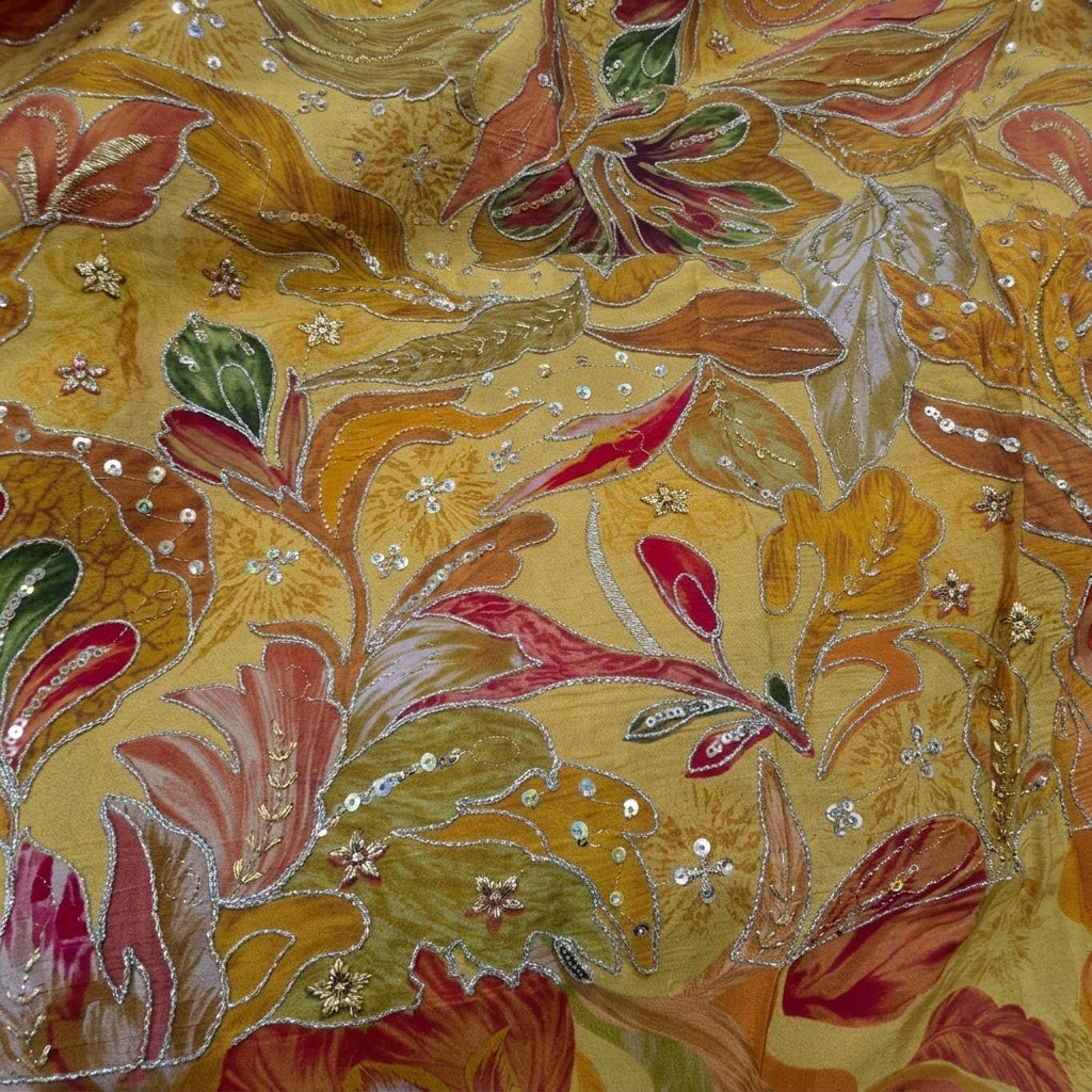 Swirled Embroidery Yellow Embroidery Crepe Fabric