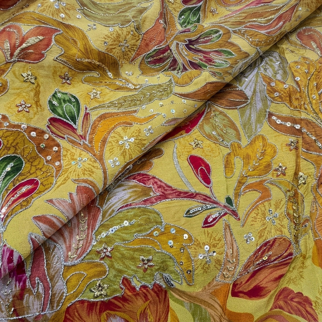 Folded Embroidery Yellow Embroidery Crepe Fabric