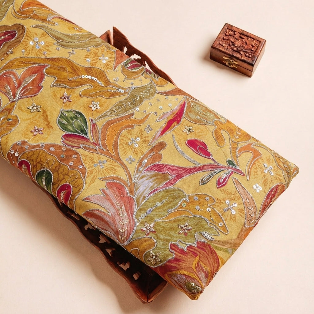Folded Yellow Embroidery Crepe Fabric Highlighting Floral Sequin Stone and Texture