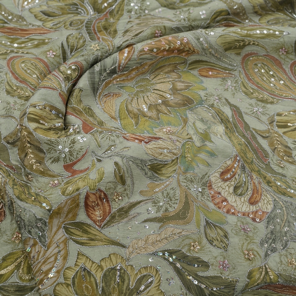 Swirled Embroidery Green Embroidery Crepe Fabric