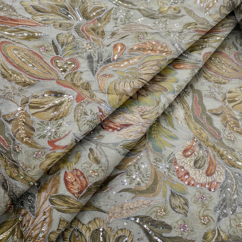 Folded Embroidery Green Embroidery Crepe Fabric