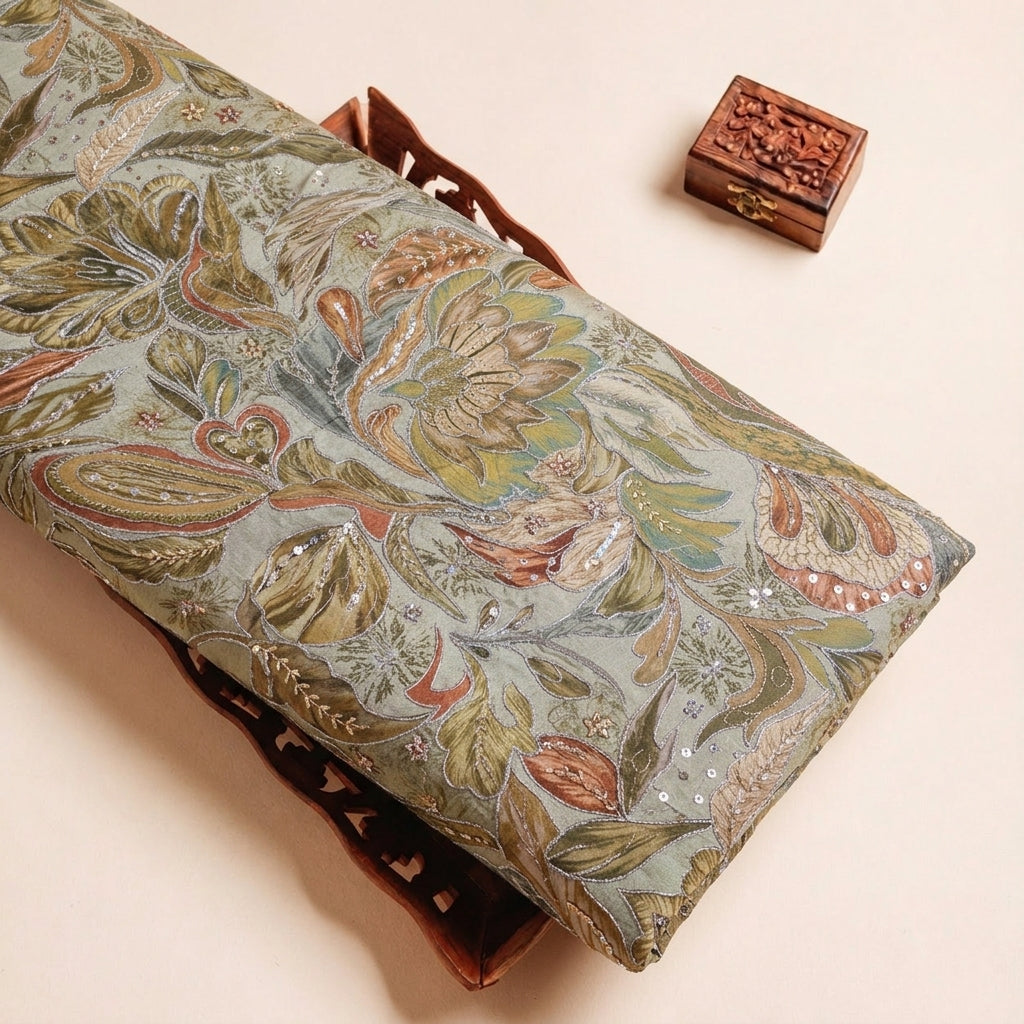 Folded Green Embroidery Crepe Fabric Highlighting Floral Sequin Stone and Texture