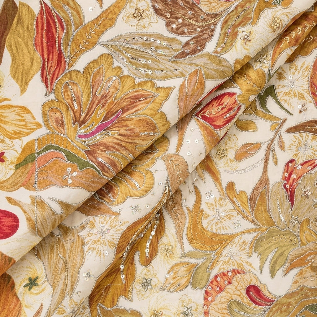 Folded Embroidery White Embroidery Crepe Fabric