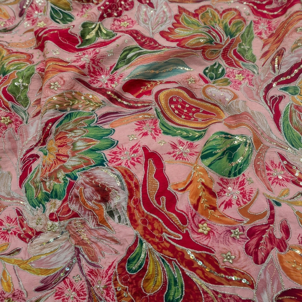 Swirled Embroidery Pink Embroidery Crepe Fabric