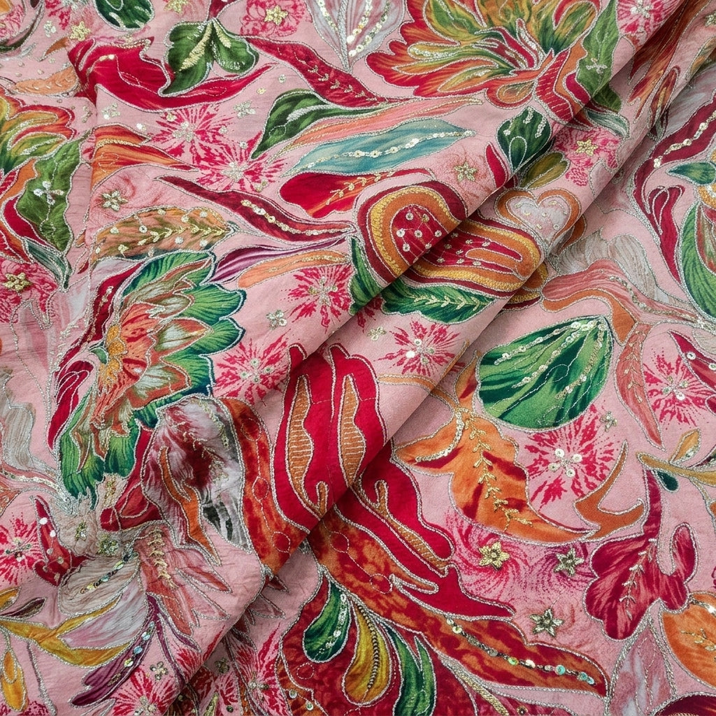 Folded Embroidery Pink Embroidery Crepe Fabric