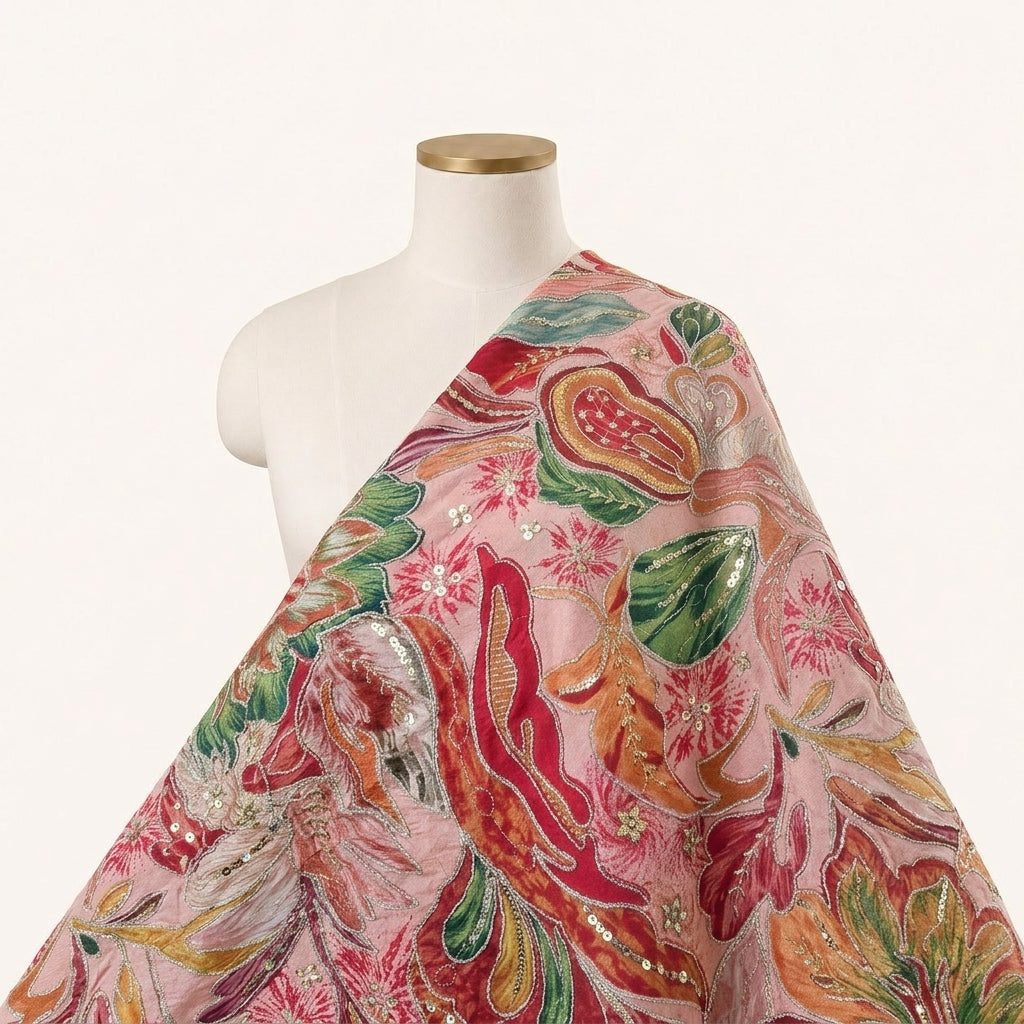 Embroidery Pink Embroidery Crepe Fabric Draped as a saree