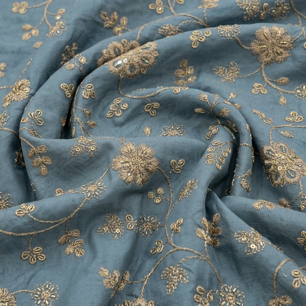 Swirled Embroidery Blue Embroidery Tissue Fabric