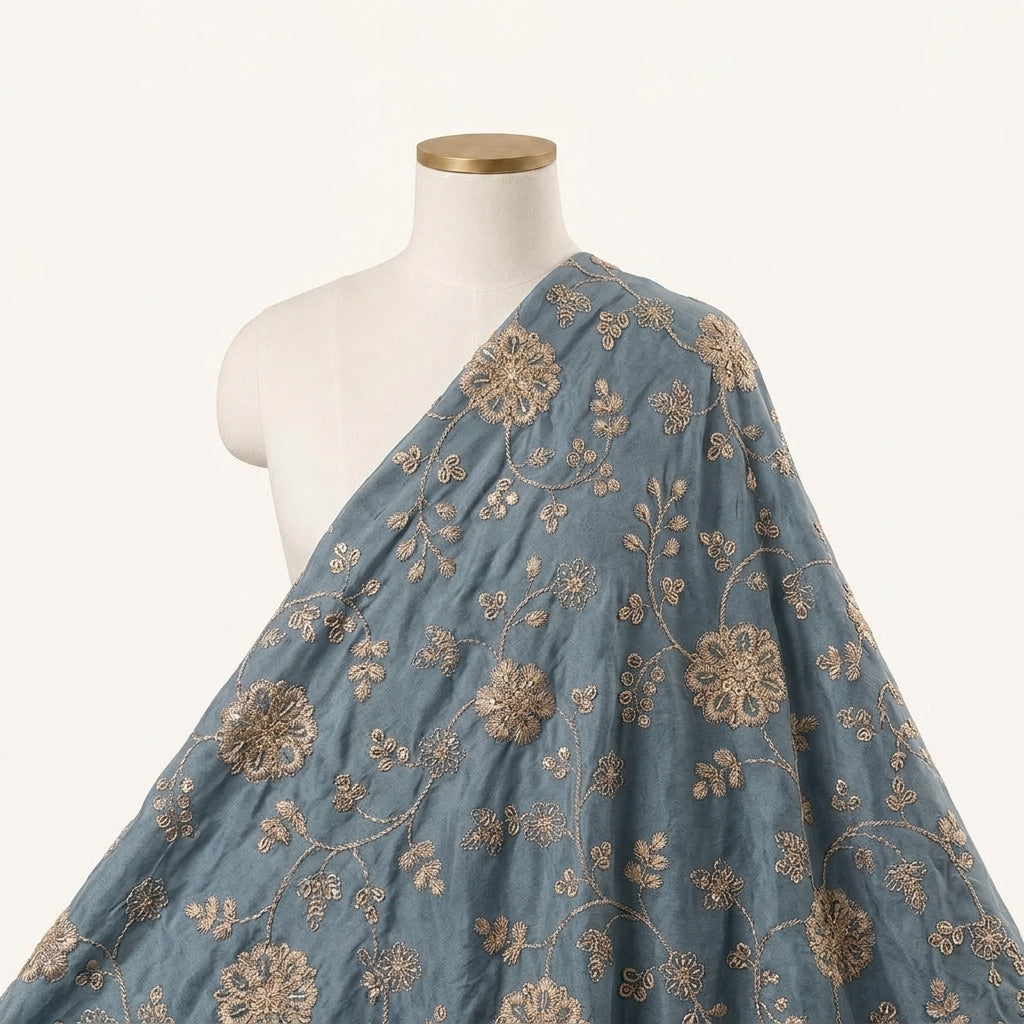 Embroidery Blue Embroidery Tissue Fabric Draped as a saree