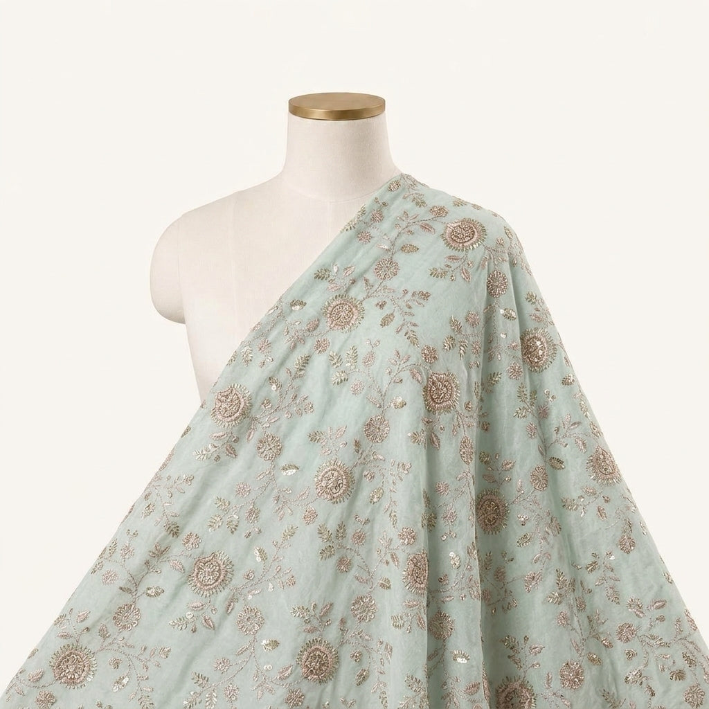 Embroidery Light Blue Embroidery Tissue Fabric Draped as a saree