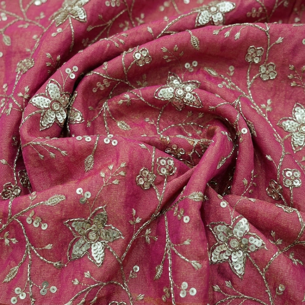 Swirled Embroidery Pink Embroidery Organza Fabric