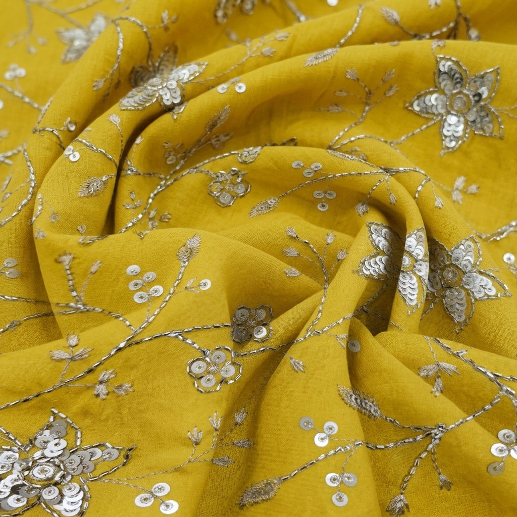 Swirled Embroidery Yellow Embroidery Organza Fabric