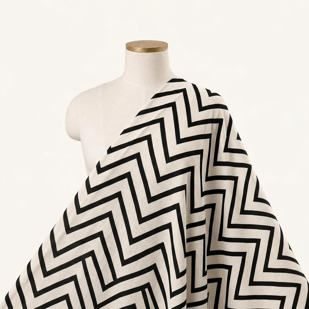 Chevron Off White Chevron Crepe Fabric Draped as a saree