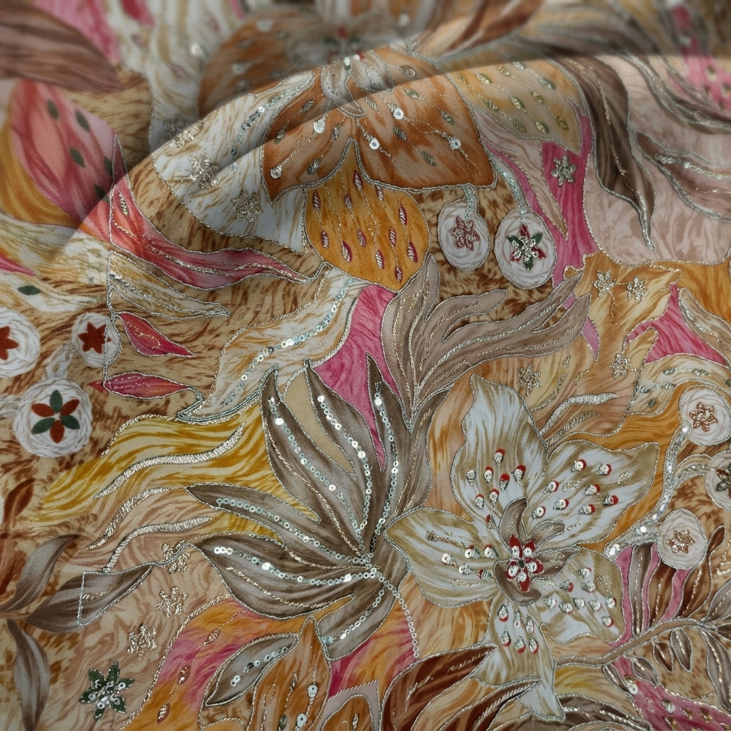 Swirled Embroidery Beige Embroidery Crepe Fabric