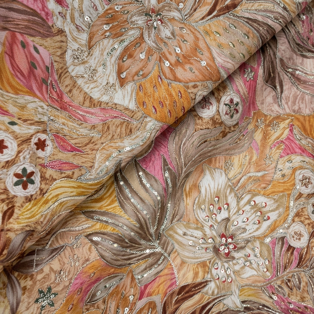 Folded Embroidery Beige Embroidery Crepe Fabric