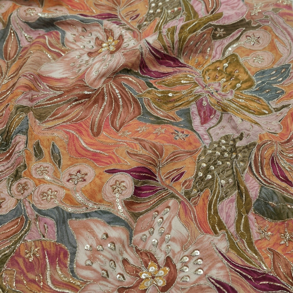 Swirled Embroidery Pink Embroidery Crepe Fabric