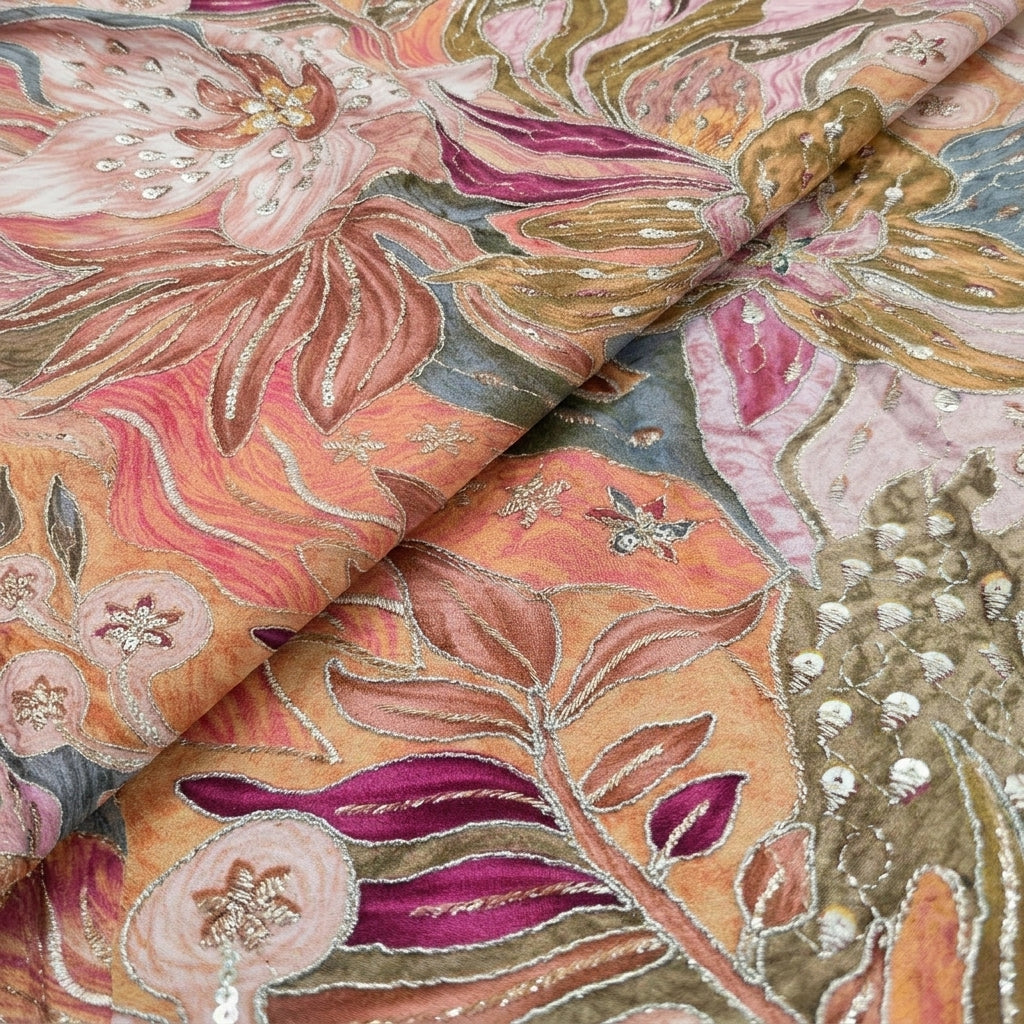 Folded Embroidery Pink Embroidery Crepe Fabric