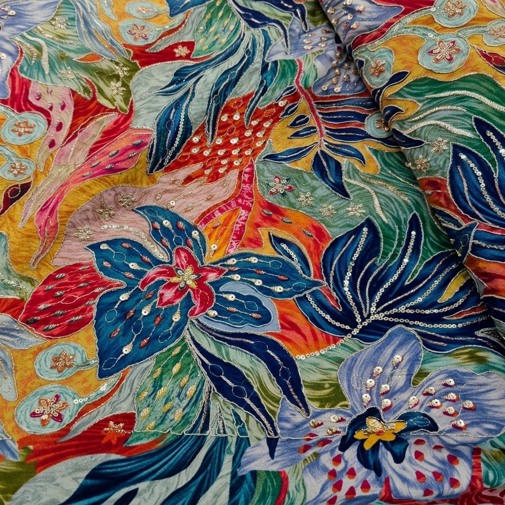 Swirled Embroidery Blue Embroidery Crepe Fabric