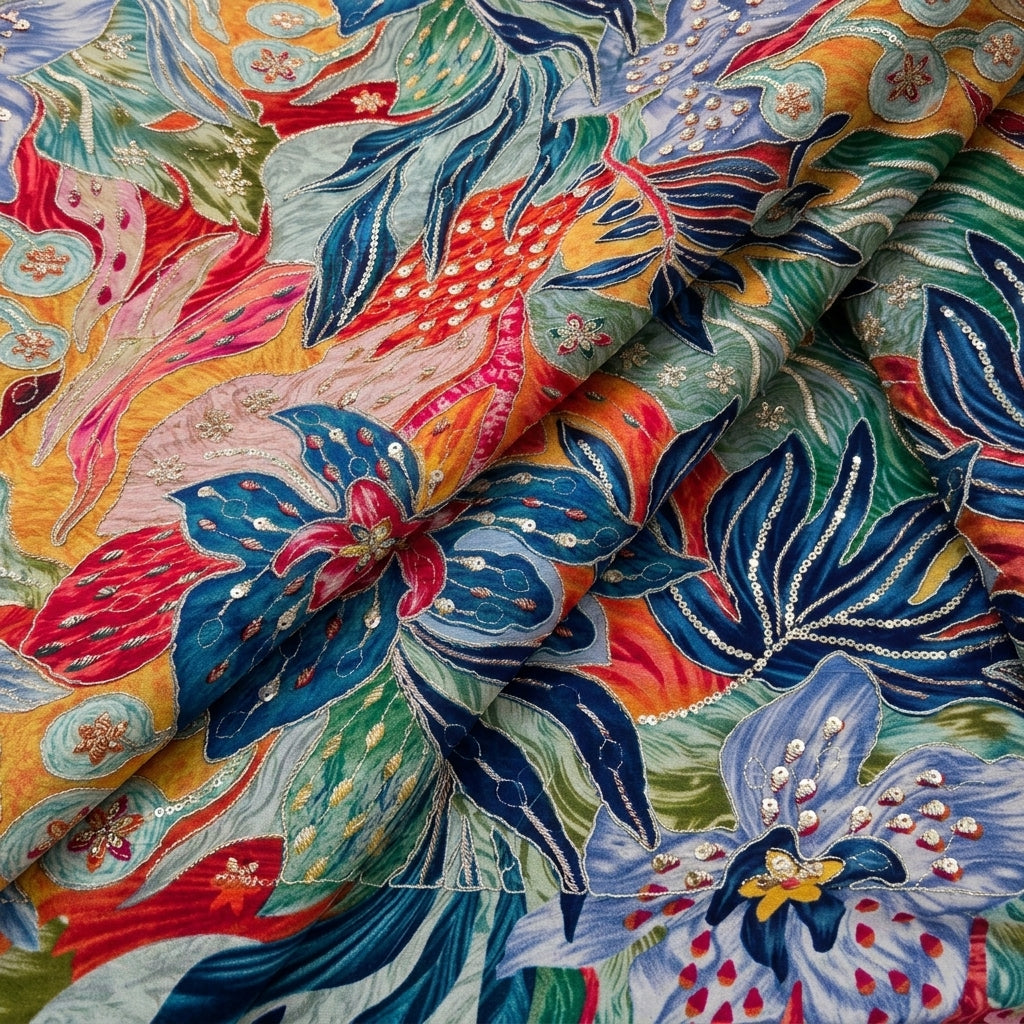 Folded Embroidery Blue Embroidery Crepe Fabric
