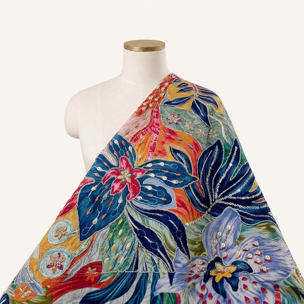 Embroidery Blue Embroidery Crepe Fabric Draped as a saree