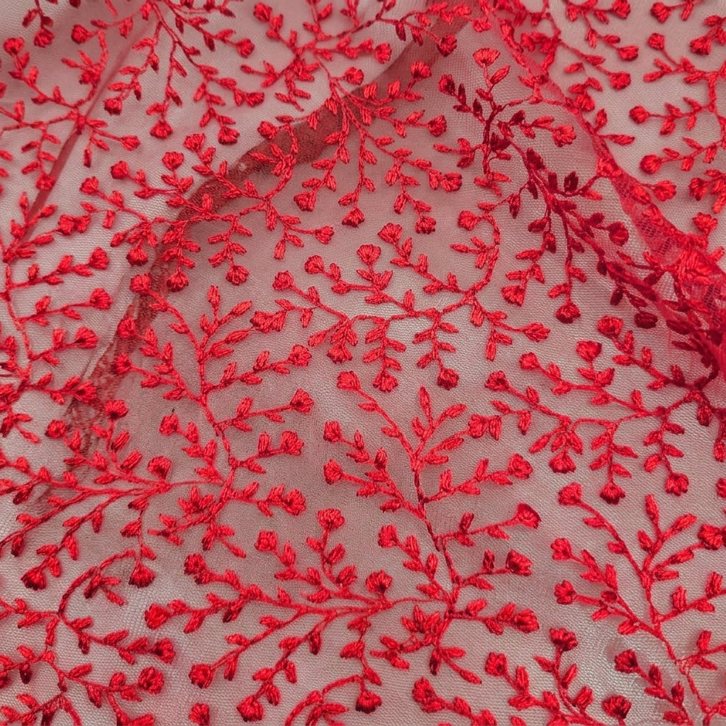 Swirled Embroidery Red Embroidery Lace Fabric