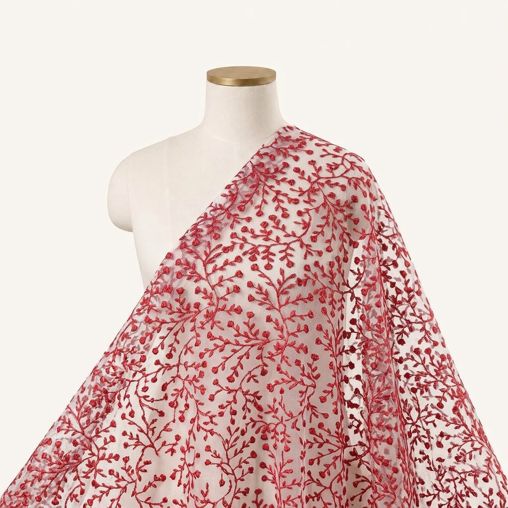 Embroidery Red Embroidery Lace Fabric Draped as a saree