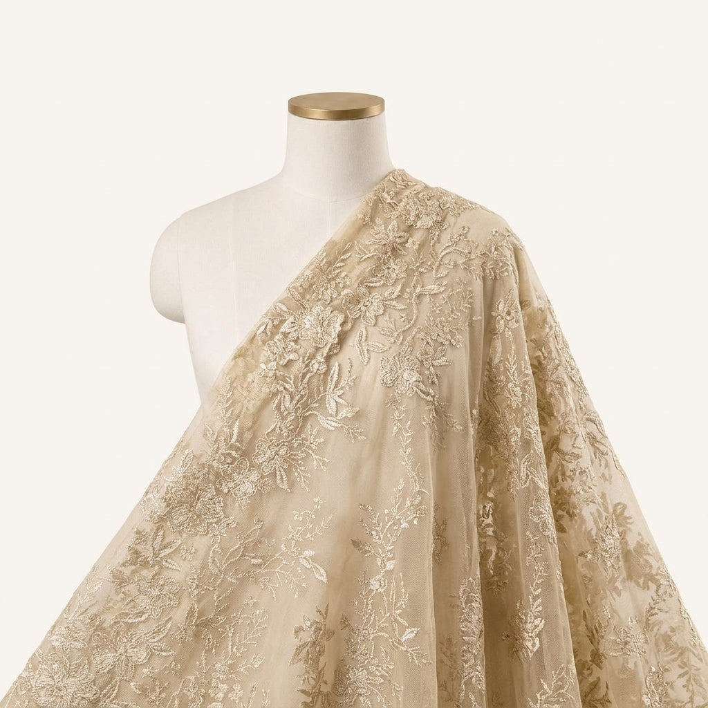Embroidery Beige Embroidery Net Fabric Draped as a saree