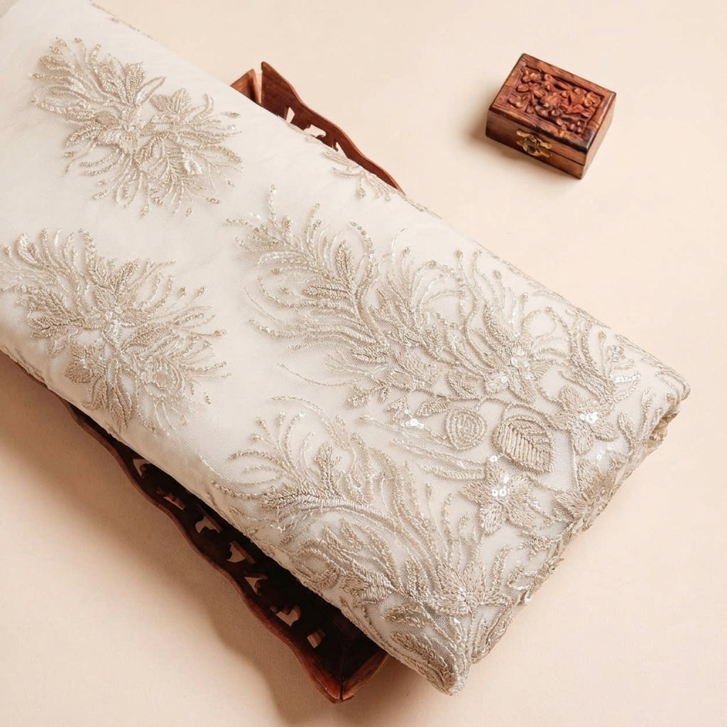 Folded Beige Embroidery Net Fabric Highlighting Sequin and Texture