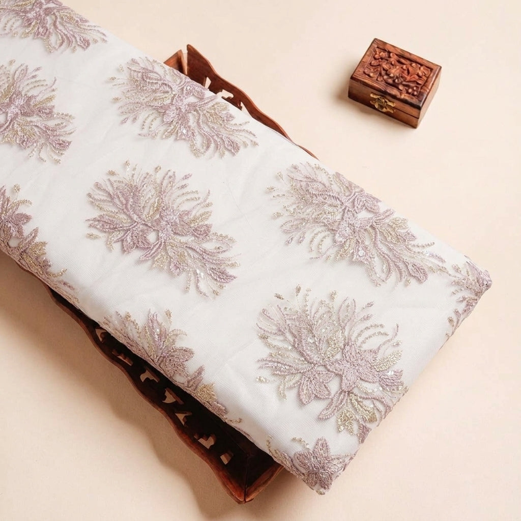Folded Rose Gold Embroidery Net Fabric Highlighting Sequin and Texture