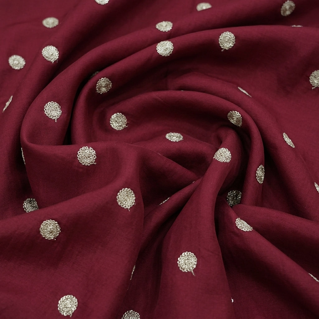 Swirled Embroidery Maroon Embroidery Chinnon Fabric