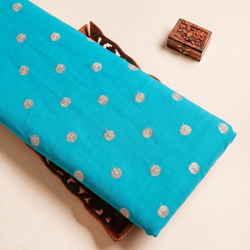 Folded Sea Blue Embroidery Chinnon Fabric Highlighting Butta and Texture