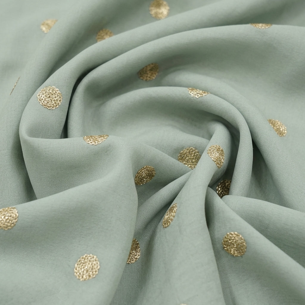 Swirled Embroidery Light Green Embroidery Chinnon Fabric