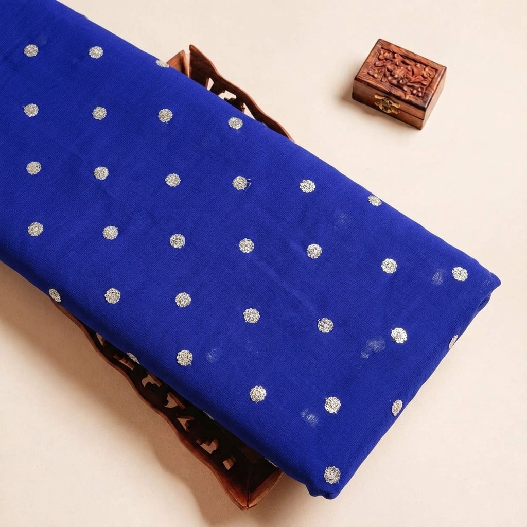 Folded Dark Blue Embroidery Chinnon Fabric Highlighting Butta and Texture