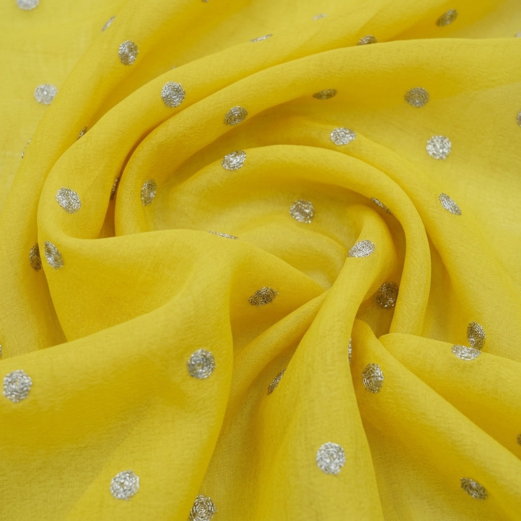 Swirled Embroidery Bright Yellow Embroidery Chinnon Fabric