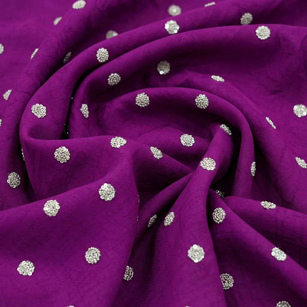 Swirled Embroidery Purple Embroidery Chinnon Fabric